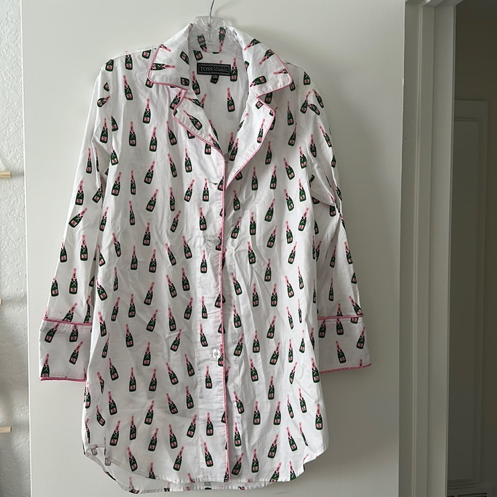 Champagne button down night gown. Pink embroidery on white nightgown.